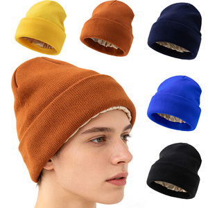 <span class=keywords><strong>Bonnet</strong></span> d'hiver tricoté souple avec doublure en <span class=keywords><strong>soie</strong></span> et <span class=keywords><strong>satin</strong></span>, bonnets doux à revers en <span class=keywords><strong>soie</strong></span> pour femmes et hommes - Product Image 3
