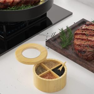 Bamboo <b>storage</b> <b>box</b> with multi-compartment rotating lid, wooden kitchen seasoning jar, portable outdoor condiment bottle. - Product Image 5