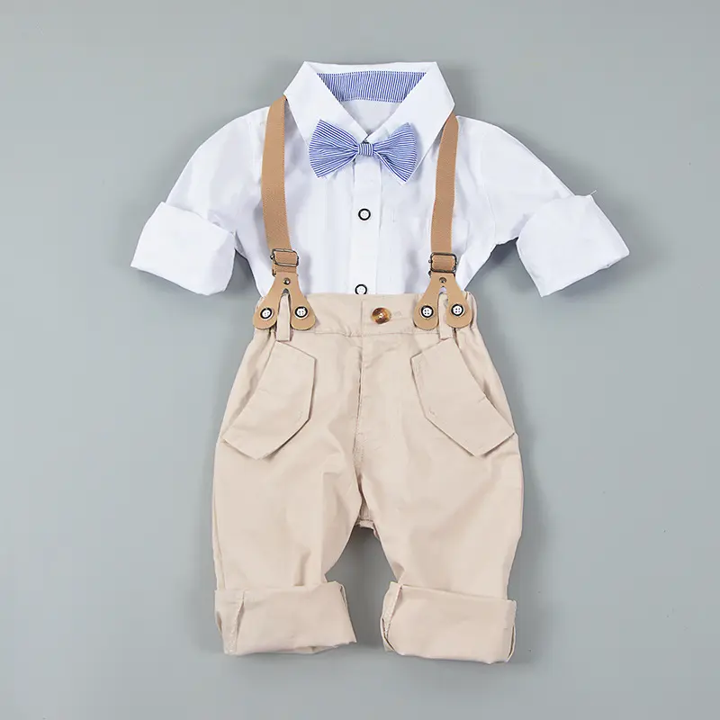 Grosir Set Pakaian Bayi Laki-laki Kecil Baju Lengan Pendek dengan Dasi Kupu-kupu Suspender Celana Pendek Setelan