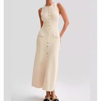 Nouvelle Robe Pull Tricotée Femme Printemps-Été en Viscose, Coupe Crayon, Unie, Taille Élastique, Sans Manches, Respirante, Boutonnée, Fendue