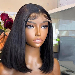 วิกผมบ๊อบสั้นแบบปิดด้วยลูกไม้สำหรับผู้หญิงผิวดำ วิกผมบ๊อบแบบไม่ต้องใช้กาวพร้อม<span class=keywords><strong>หน้าม้า</strong></span> วิกผมลูกไม้ด้านหน้าแบบ Double Drawn <span class=keywords><strong>ผม</strong></span>แท้ - Product Image 1