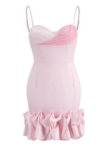 Robe trapèze élégante et décontractée pour femme, col licou, bretelles spaghetti, détail volant classique, couleur unie, longueur genou, taille haute, <span class=keywords><strong>Ted</strong></span> Jourey's Front - Product Image 2