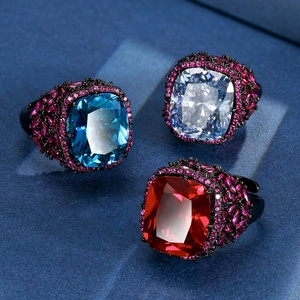High Quality Jewelry Eco-friendly Copper 14*16mm Red Corundum Zircon Black Gold Plated Flower Open Adjustable Rings for Women - Product Image 2