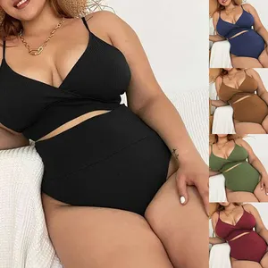 Biquíni de cintura alta sexy xxxxl plus size para mulheres, biquíni europeu americano com textura elástica e cor sólida