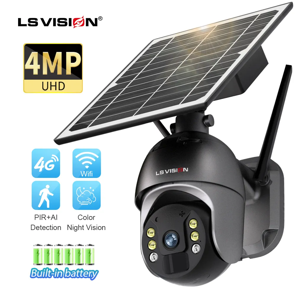 Ls Vision 4G Wifi Sim Zonne-energie Camera Ptz Zoom Solar Cctv Outdoor Security Camera Gsm 1080P 4MP pir Low Power Solar Camera