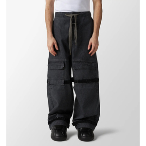 14 oz Denim Cargo Pocket Baggy <strong>Jeans</strong> with <strong>Drawstring</strong> Waist Green Piping Contrast Color Wide Leg Denim Pants Out Wear Utility <strong>Men</strong> - Product Image 5