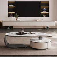 Table basse STG moderne italienne de luxe léger, en pierre frittée blanche irrégulière, à niveaux, extensible, avec rangement écologique en bois