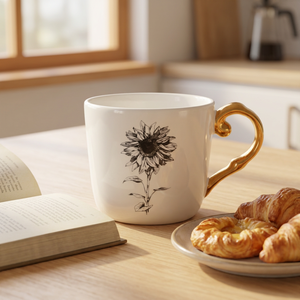 Juego de Tazas de Café de Porcelana Pequeñas de Estilo Europeo de Lujo Ligero, Asa Dorada, Diseño Rústico de Girasol, Apto para Microondas y Lavavajillas - Product Image 4