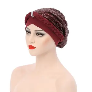 여성 패션 스팽글 이슬람 스카프 Hijab 모자 여성 인도 모자 럭셔리 터번 모자