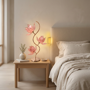 Lámpara de Mesa Estilo Chino con Flor de Loto Rosa, Base Metálica Dorada con Pétalos de Vidrio, Lámpara de Noche E26 para Decoración de Dormitorio - Product Image 5