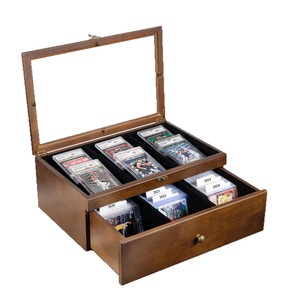 Boîte de rangement pour cartes en bois avec couvercle en verre et compartiments pour cartes de jeu et objets de collection, type rectangulaire sur pied - Product Image 5