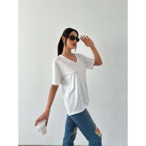 Camiseta Básica con Cuello en V para Mujer, 100% Algodón Jersey, Transpirable, Manga Regular, Blanca - Product Image 4