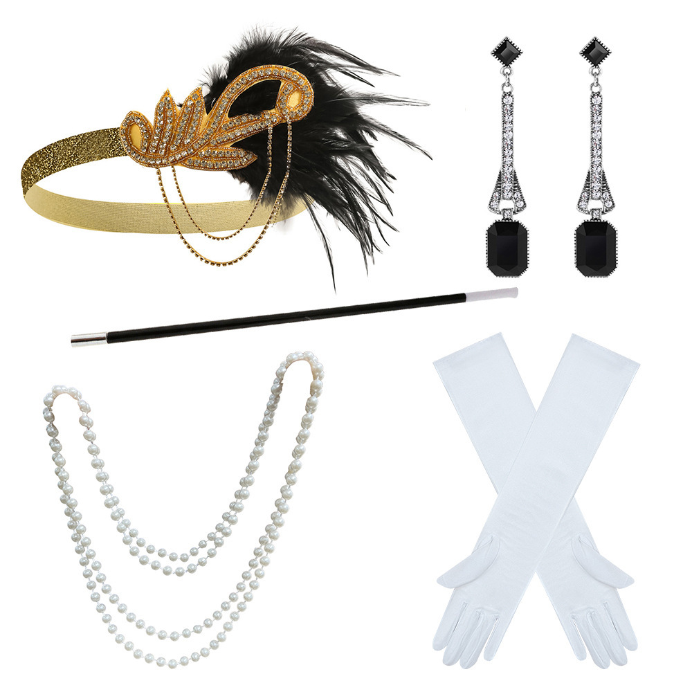 Gold Headpiece Necklace Cigarette Holder White Gloves Earring