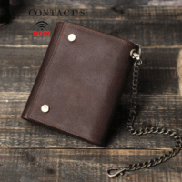 2025 dompet pria kulit kuda gila Retro malaikat hitam dengan rantai besi dompet kulit asli multifungsi