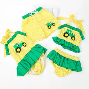 Puresun été bébé vêtements jaune seersucker tracteur appliques maillots de bain maillots de bain enfants enfants boutique vêtements de bain