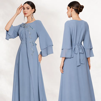 Robe longue en polyester à col irrégulier, ornée de strass cousus à la main, à manches évasées superposées, pour l'Aïd, les vacances et les occasions quotidiennes, Abaya