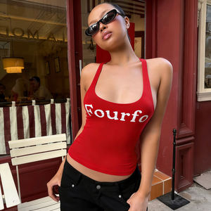 Women Letter Print Racerback Tank <b>Top</b> <b>Low</b> Cut Knit Vest Slim Fit Sleeveless Casual Summer Crop <b>Top</b> - Product Image 4