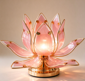 Lampe de table LED Lotus rose 25 cm en verre et métal faite à la main, lampe de bureau florale, éclairage d'ambiance pour chambre, décoration de bureau à domicile - Grande Vente - Product Image 1