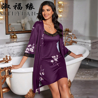 P613 Vente en gros Ensemble 2 pièces pour femme en soie de lait, comprenant une robe de chambre et une chemise de nuit, vêtements d'intérieur imprimés à bretelles spaghetti, ensemble de pyjama