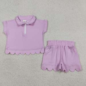 ชุดเซ็ตเสื้อโปโลขอบหยักสำหรับเด็กผู้หญิงมาใหม่, เสื้อครึ่งซิปสีลาเวนเดอร์พร้อมกางเกงขาสั้นมีกระเป๋าผูกเชือก, ชุดบูติกสำหรับเด็กเล็ก - Product Image 1