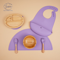 Ensemble repas pour enfants en silicone de qualité alimentaire et bambou, couleur unie, avec assiette compartimentée, bol, bavoir, set de table, cuillère et fourchette, personnalisable
