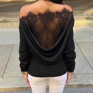Top de Punto Reversible Sexy para Mujer, Espalda Descubierta, Cuello Drapeado, Manga Larga con Encaje, Hombros Descubiertos, Estilo Y2K, Ropa Urbana, Poliéster/Algodón - Product Image 1