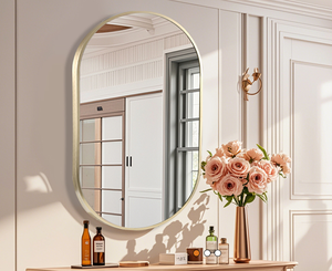 <span class=keywords><strong>Espejo</strong></span> de <span class=keywords><strong>pared</strong></span> ovalado dorado moderno para decoración del hogar con marco de metal cepillado espejos de <span class=keywords><strong>pared</strong></span> horizontal o <span class=keywords><strong>vertical</strong></span> para entrada de baño - Product Image 1