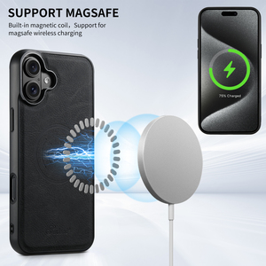 Custodia per telefono retrò con effetto litchi, porta carte magnetico e cavalletto, con ricarica wireless, per serie Apple 18/17/16/15/14/13/12 - Product Image 3