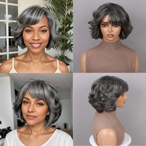 Perruque courte bouclée sans lacet, 100 % cheveux humains véritables, fabriquée à la machine, 8 pouces, en gris foncé, gris clair, gris grand-mère - Product Image 3