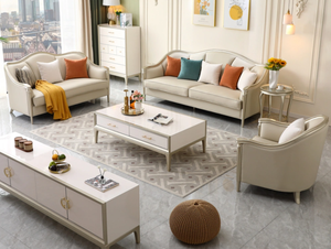 High-end Living Room Furniture Luxury Solid Wood Frame <b>Cream</b> Color Leather Foure Seater <b>Sofa</b> - Product Image 2