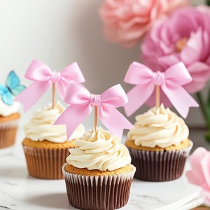 ท็อปเปอร์คัพเค้กรูปโบว์สีชมพูหวานๆ ลายฮันนี่แอนด์สวีทเนส 12 ชิ้น ของตกแต่งเค้กอะคริลิค สำหรับวันเกิด วันวาเลนไทน์ วันแม่ - Product Image 1