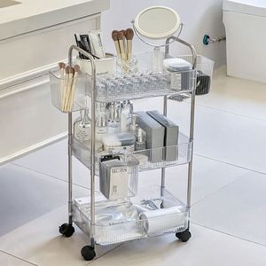 Chariot de rangement à trois niveaux avec roulettes, en plastique transparent et acier inoxydable, design minimaliste pour l'organisation de la salle de bain - Product Image 3