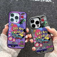 Coque de téléphone tendance avec design graffiti d'aliens pour iPhone 16 15 Pro Max 14 13, couleur IMD argentée, dos rigide antichoc