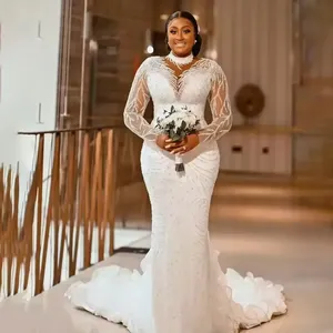 Customized Luxury Beaded Mermaid Floor-Length <strong>Wedding</strong> <strong>Dresses</strong> High Neck Long Sleeves Sweep Train Plus <strong>Size</strong> Bridal Gowns Natural - Product Image 2