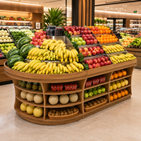 Supermarkt fruit- en groentepresentatierek, houten look, producten-eilandstandaard, gebogen schappen voor supermarkt, verse producten