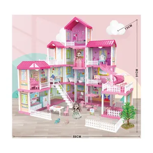 New Style Multiple Kids Girls Educational Pretend Toys Diy Assembled Pink Villa House Play Set With Light And Ag13 Battery