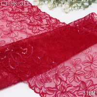 Bordure en dentelle brodée de fleurs rouges luxueuses de 31 cm avec des paillettes changeantes de couleur pour vêtements de haute qualité, accessoires de lingerie