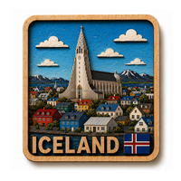 Imán de nevera de madera con sublimación de recuerdo de Puffin Djupivogur, Islandia, ciudad costera, logotipo personalizado, imán de nevera de madera de 3 capas