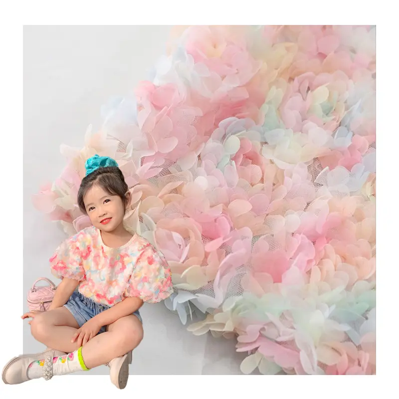 3D tridimensionale gradiente rampa stampa fiori in chiffon pizzo colorato ricamo tessuti e accessori per abbigliamento da ragazza