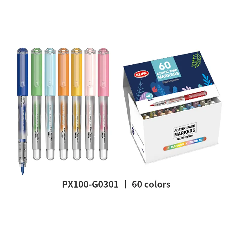 BEIFA PX100 60colors assorted shell brush tip liquid system High quality strong waterproofing bright colors acrylic paint marker
