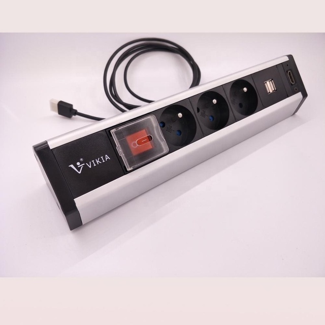3ways French Type Tabletop Edge Clamp Socket with 2 Fast USB Charger and 1 HDMI Connector in Aluminium House