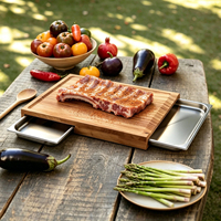 Planche à découper en bois d'acacia avec 2 plateaux en acier inoxydable, planche à découper avec rainure pour les jus, pour la préparation et le service en cuisine