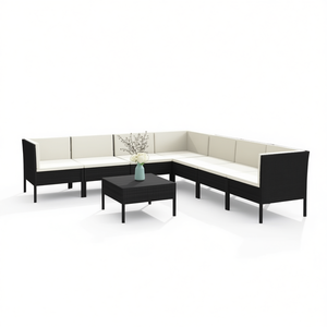 Ensemble de salon de jardin noir et blanc crème 6 places en rotin, mobilier d'extérieur résistant aux intempéries, design contemporain - Product Image 1