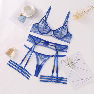Ensemble de lingerie sexy pour femmes, brodé, en maille transparente, effet push-up, coupe ajustée, quatre pièces - Product Image 6