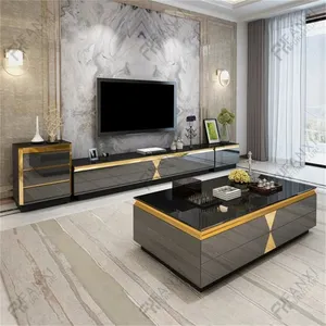 Living room furniture mirror luxury modern coffee table gold center tables wood black glass tv stand and coffee table set