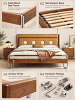 Lit double moderne en chêne massif avec tête de lit en tissu – Mobilier de chambre à coucher pour appartement et salon