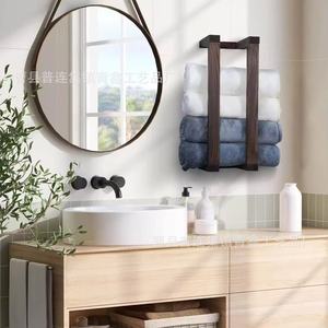 <b>Wooden</b> Towel Rack <b>Rustic</b> Style Wall Mounted For Bathroom Hotel Use Single Layer <b>Shelf</b> Design Brown And White - Product Image 3