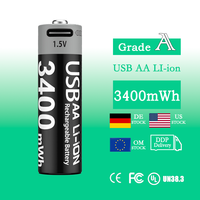 Baterai Lithium AA 1.5V 3400mWh isi ulang USB dengan Port pengisian daya bawaan untuk Senter, mainan, remote, perangkat LED