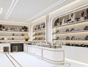 Modern <b>White</b> Jewelry Display Cabinet with LED Strip Lights Tiered Shelves Glass Back Retail Store Showcase - Product Image 1