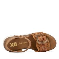 Sandales compensées Xti pour femme, bout ouvert, en cuir véritable, style plateforme rembourrée, talon de 5 cm, semelle intermédiaire en bois, semelle extérieure en EVA, fermeture à boucle
